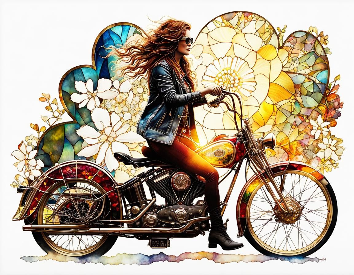 Janis Joplin riding a Harley-Davidson