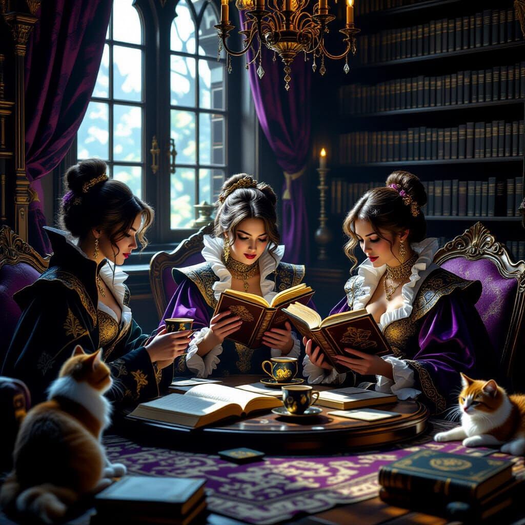 1600s Cats Coffee & Ghost Books in Dark Fantasy Style