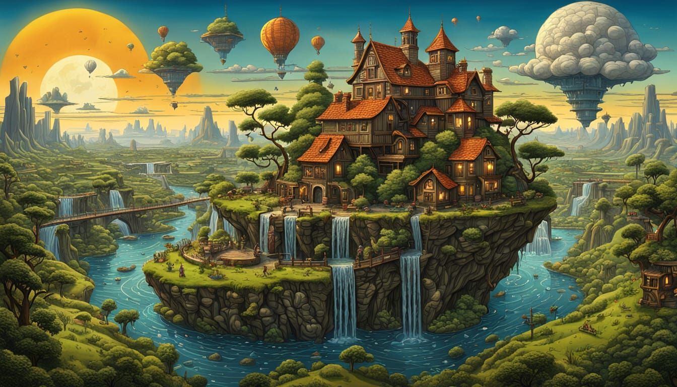 Enchanting Celestial Dawn Landscape with Suspended Cloud Bri...