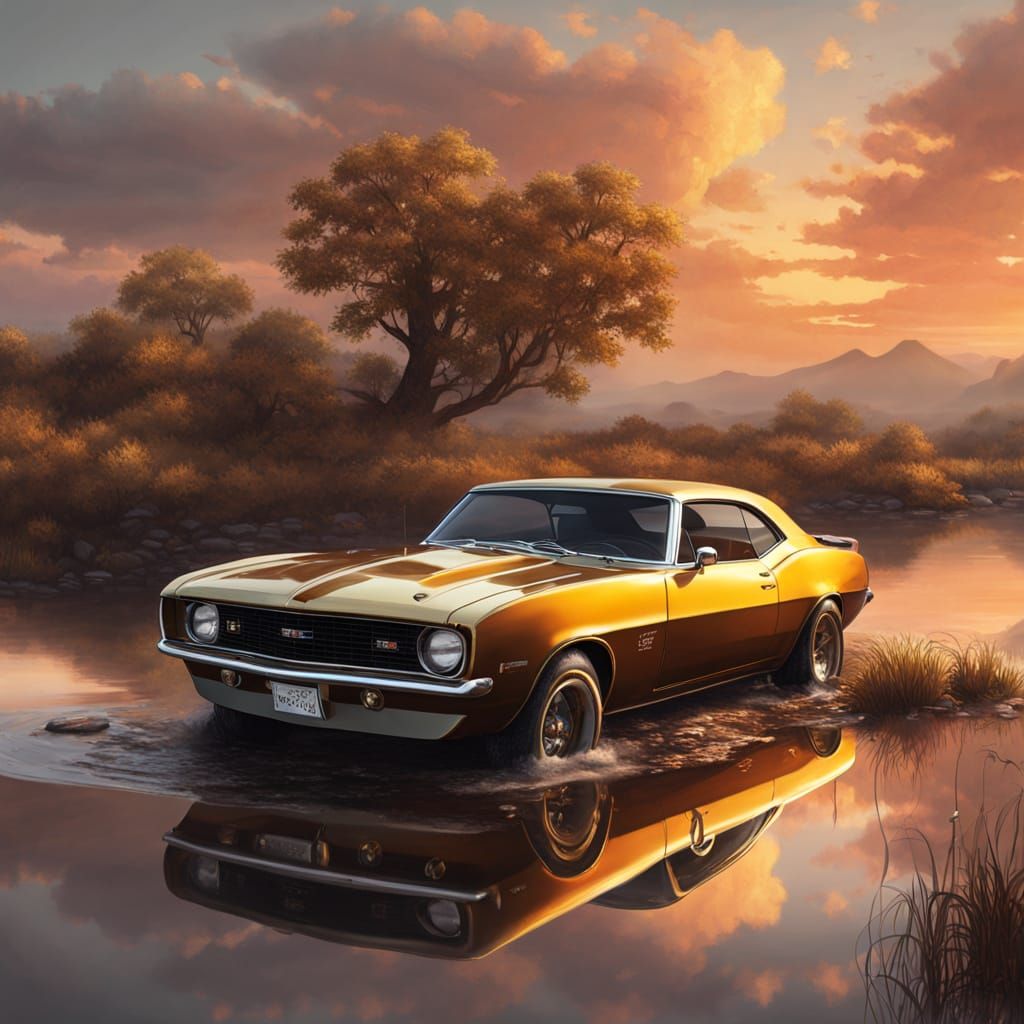 Vibrant Sunset Scene with Horse and Classic Car in Oil Paint...