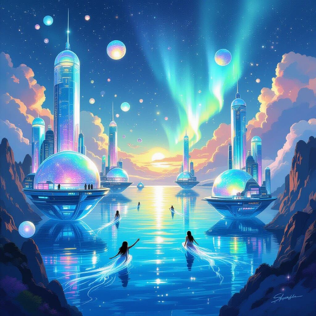 Ocean Planet with Floating Glass Cities, Digital Art