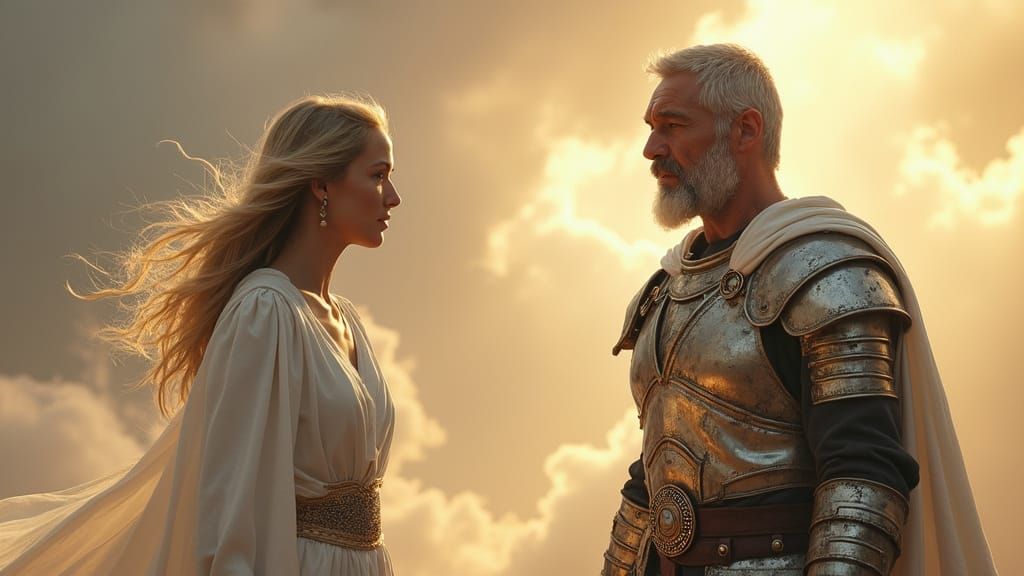 Warrior in Celestial Armor Stands Among Glowing Clouds