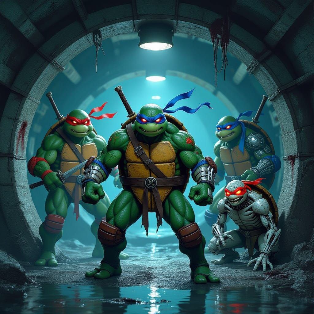 Corrupted Ninja Turtles Emerge from Dark Sewer Depths