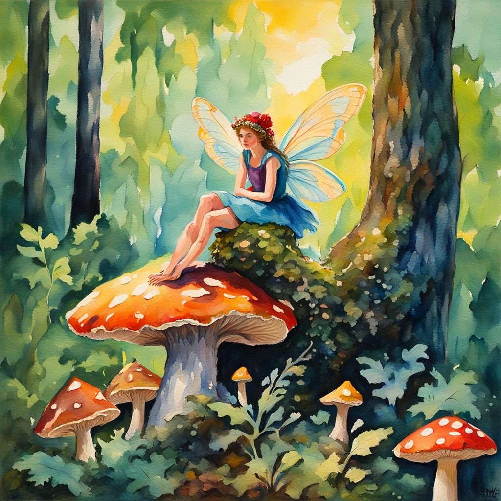 Fairy in Forest as Gouache Impressionist Painting