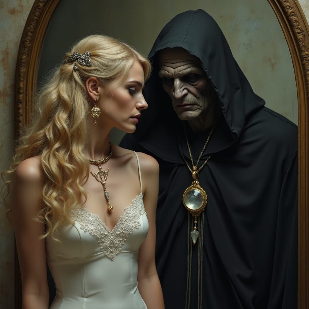 Enigmatic Woman in White, Haunted by Dark Shadow