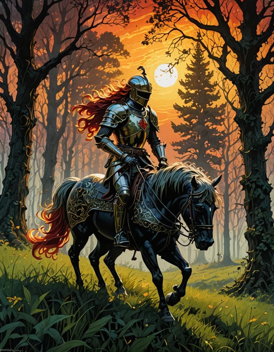Terrifying Knight on Grassy Hill in Forest