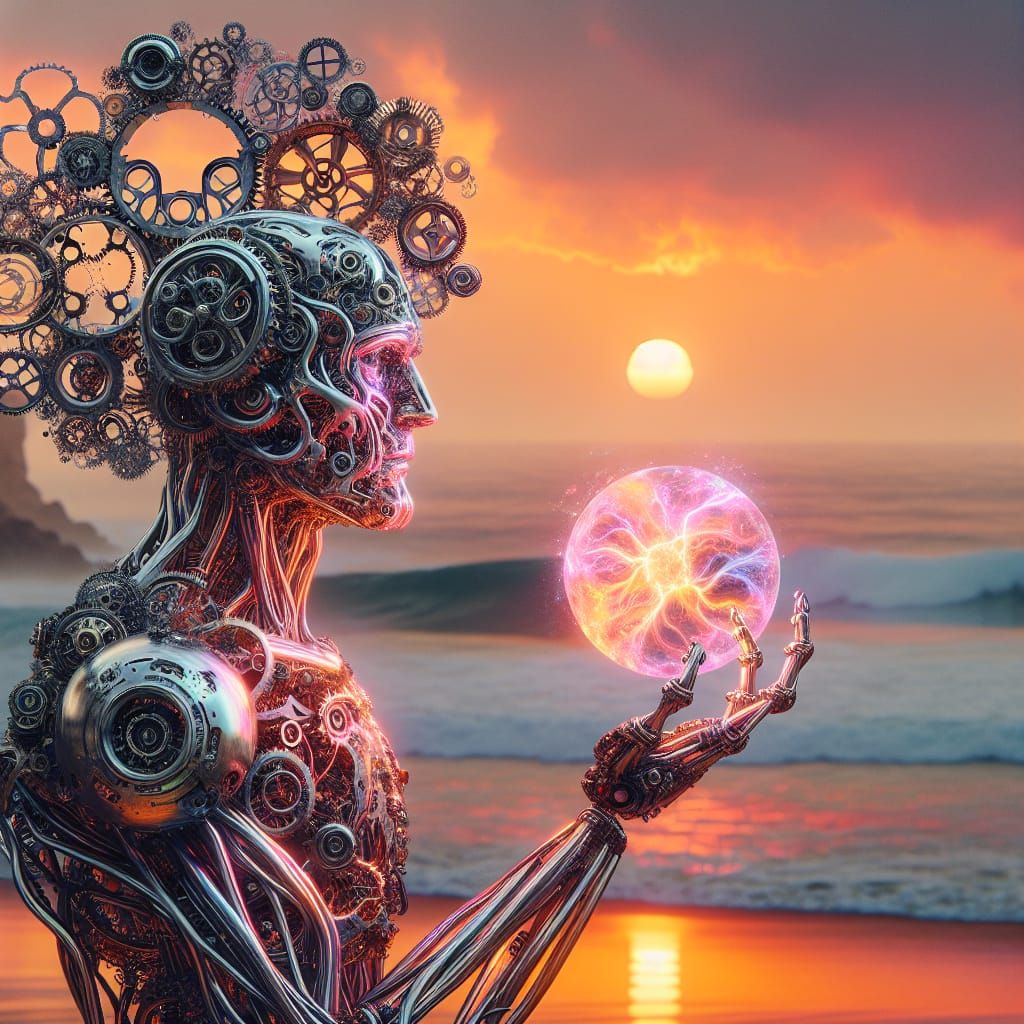 Dieselpunk Mannequin with Plasma Ball at Sunset