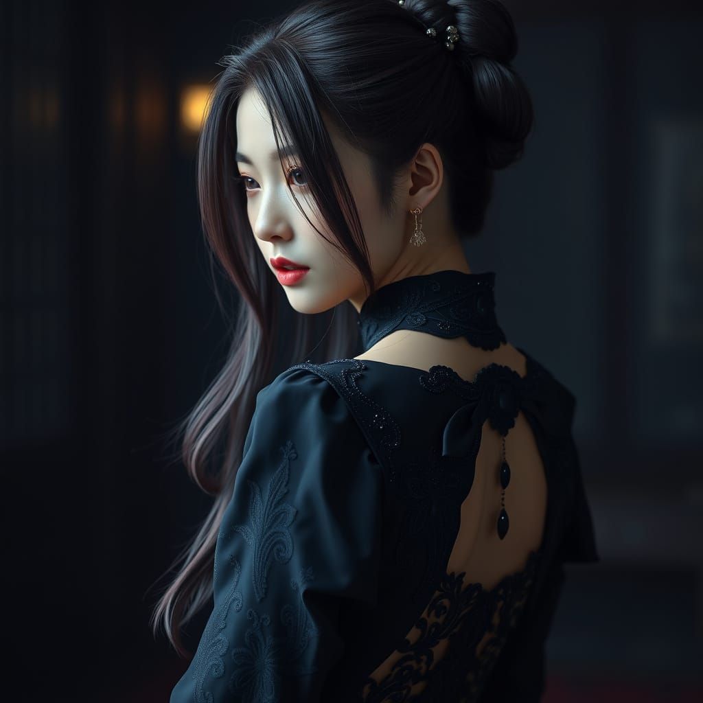 A cinematic medium shot of a Japanese-Korean idol woman with fair skin and long, brown, deep midnight violet-blue hair (...