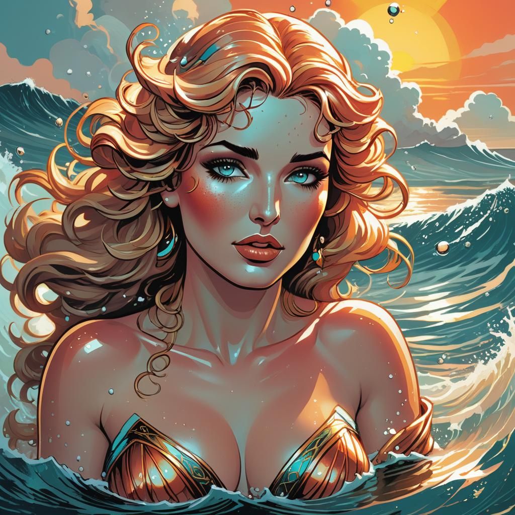 Aphrodite Emerges from Sea: Retro Comic Book Art