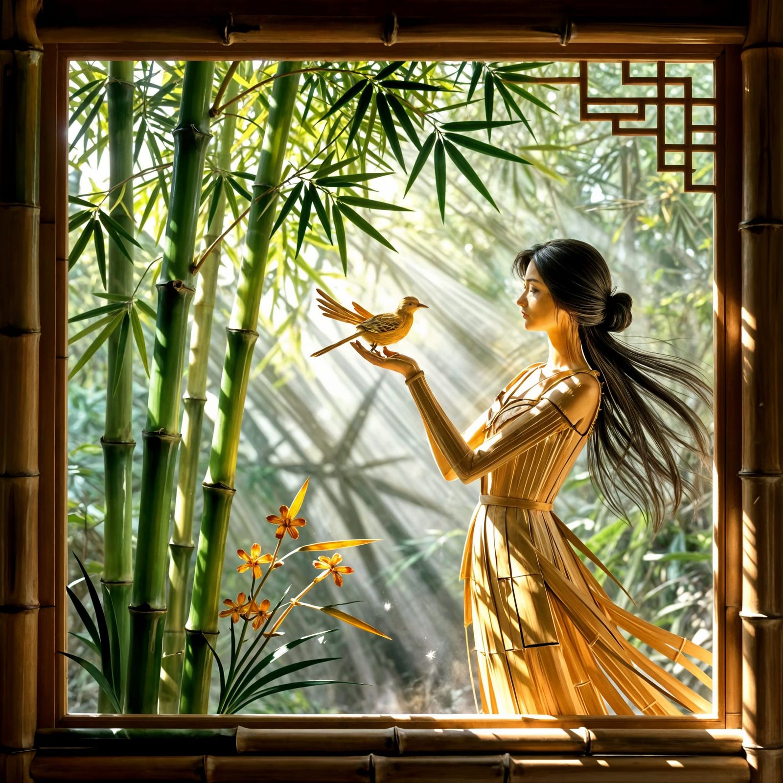 Bamboo Room With Art Nouveau Lady