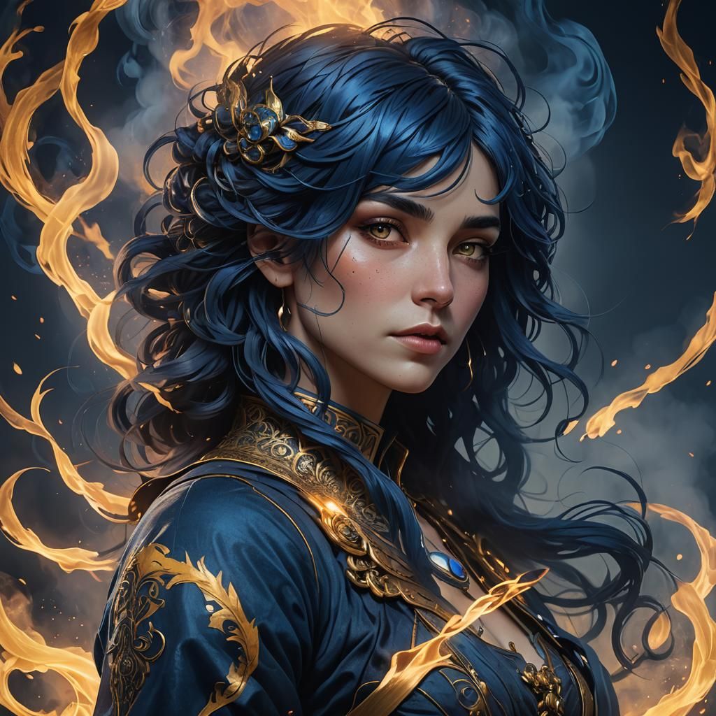 Dark Blue Haired Woman with Smoke, Alphonse Mucha Style