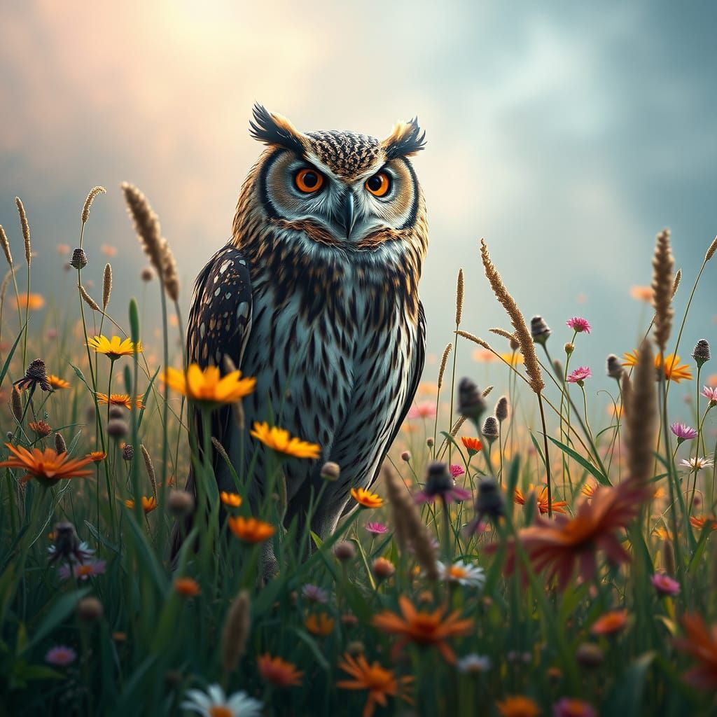 Majestic Owl in Vibrant Meadow