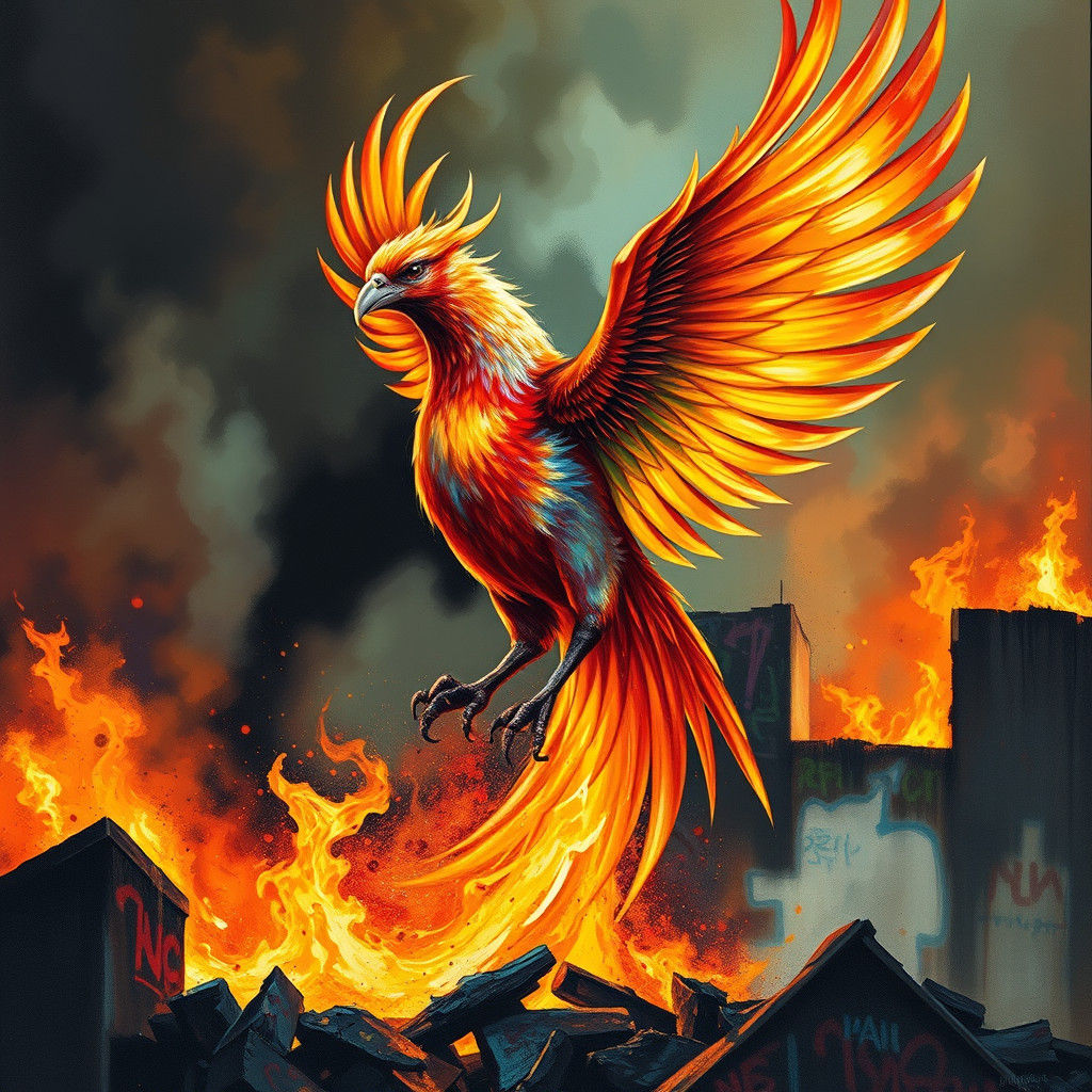 Iridescent Phoenix Rising: Street Art Style