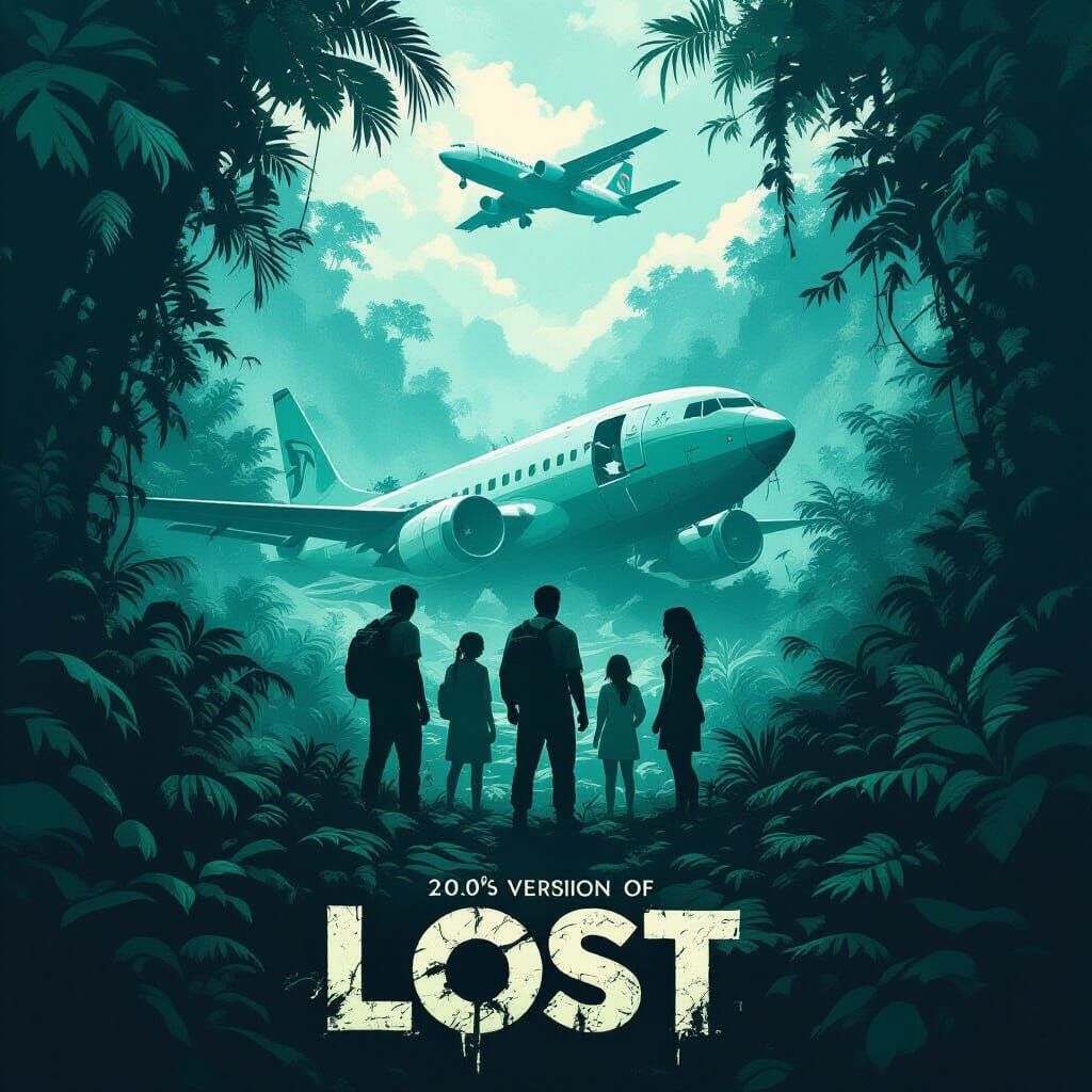 Extremely Detailed Movie Poster for the 2000s version of "Lost", soft teal and green palette, dense jungle textures, air...