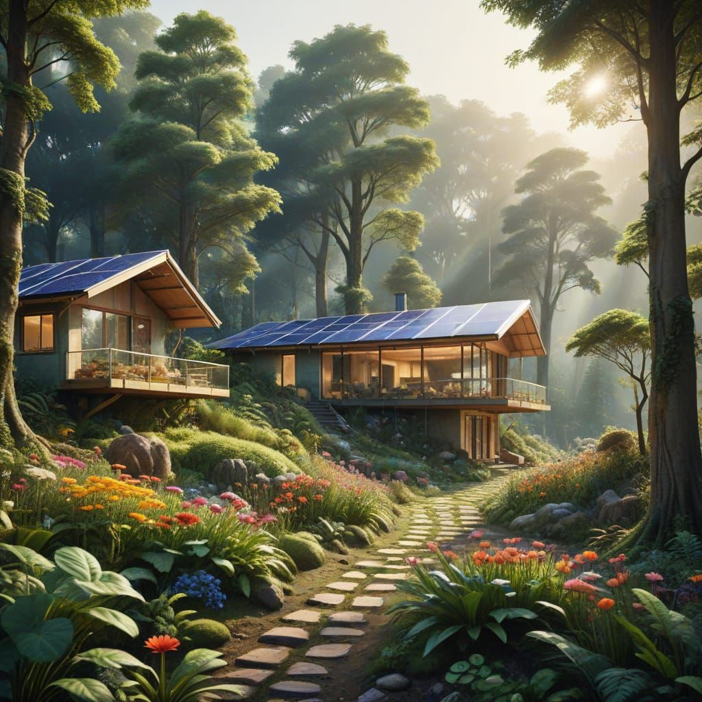 Vibrant Watercolor Painting of Eco-Friendly Hippie Settlemen...