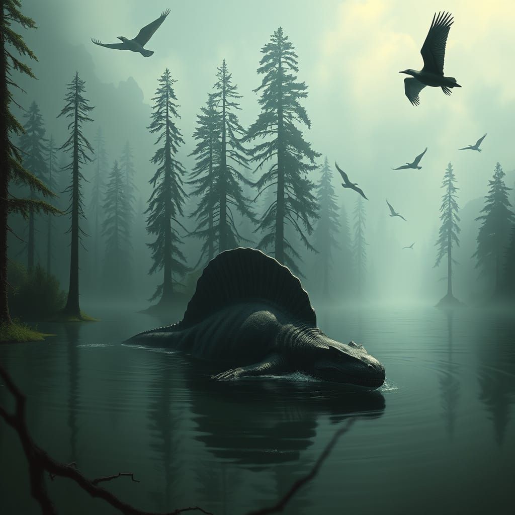 Spinosaurus in Prehistoric Swamp, Dark Fantasy Style