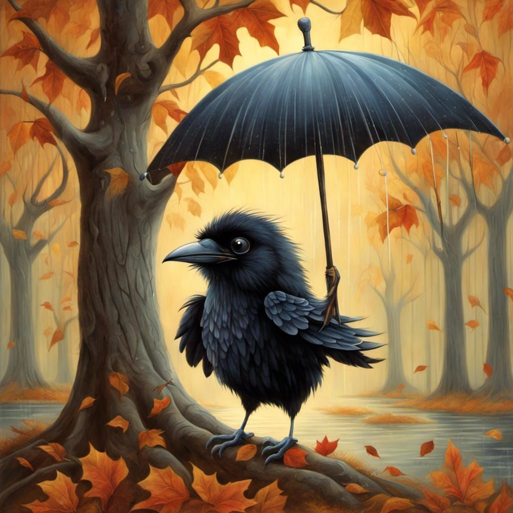 Raven in Rainy Fall Day, Surrealist Style
