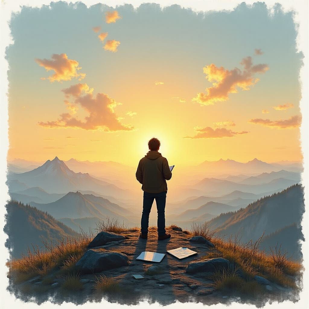 Figure at Mountain Peak Gazing Over Sunrise Landscape
