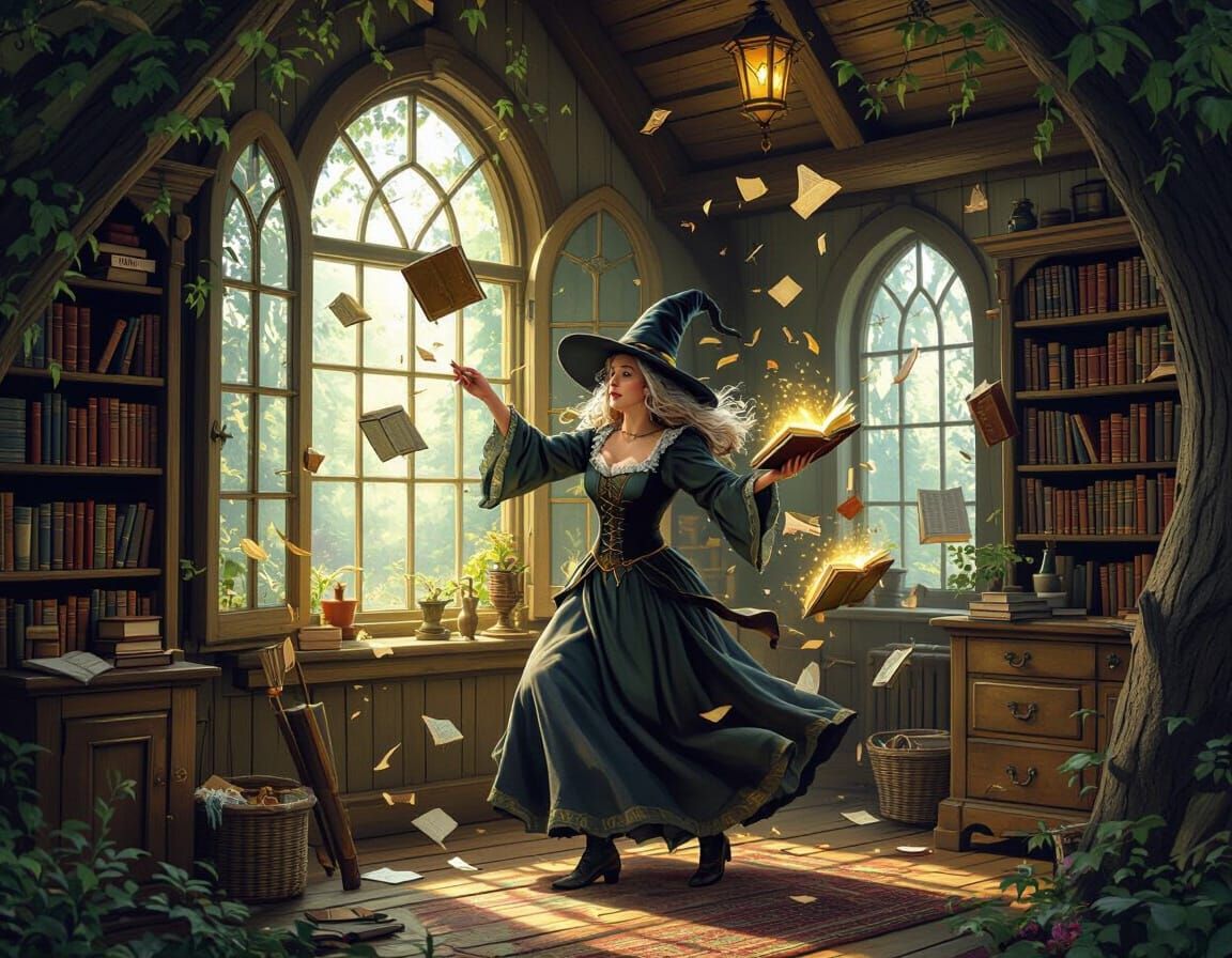 Witch Cleans Forest Cottage with Magic in Ethereal Style