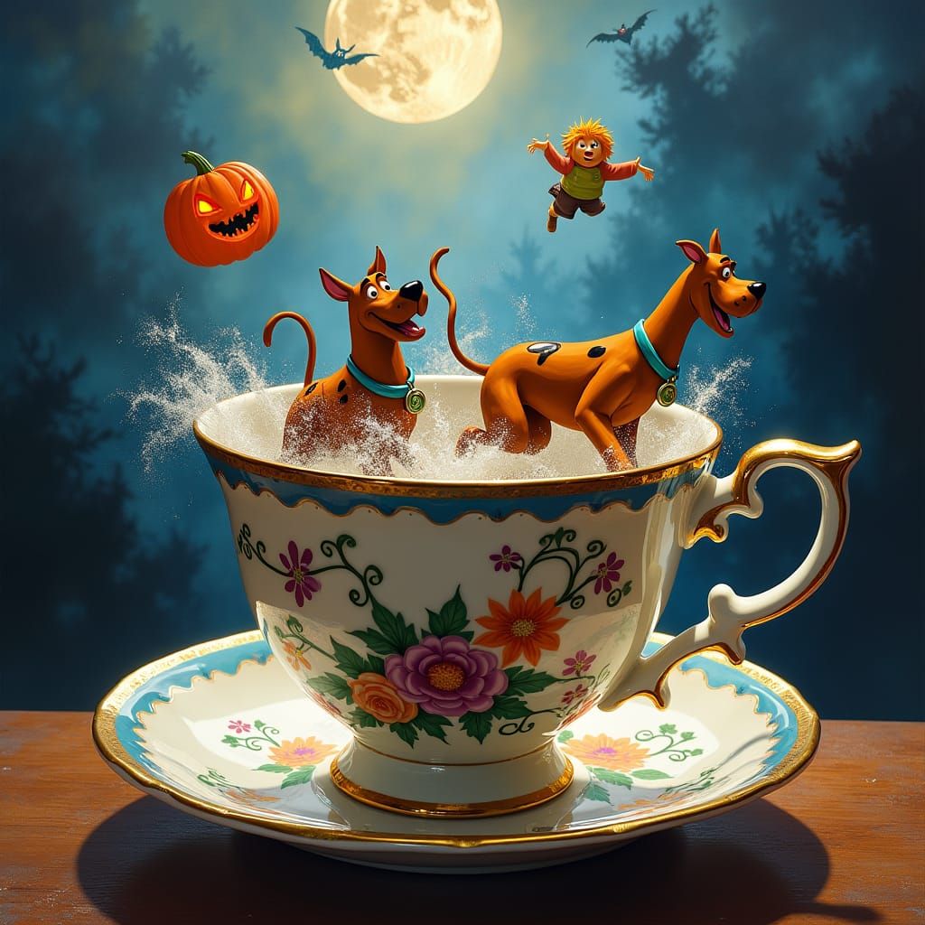 Shaggy and Scooby in Teacup: Surreal Oil Painting