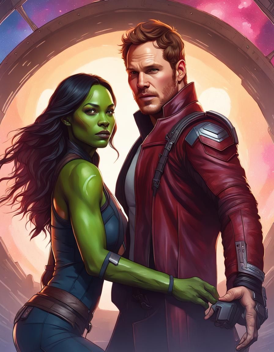 Chris Pratt as Star-Lord and Zoe Saldana as Gamora as a couple in action