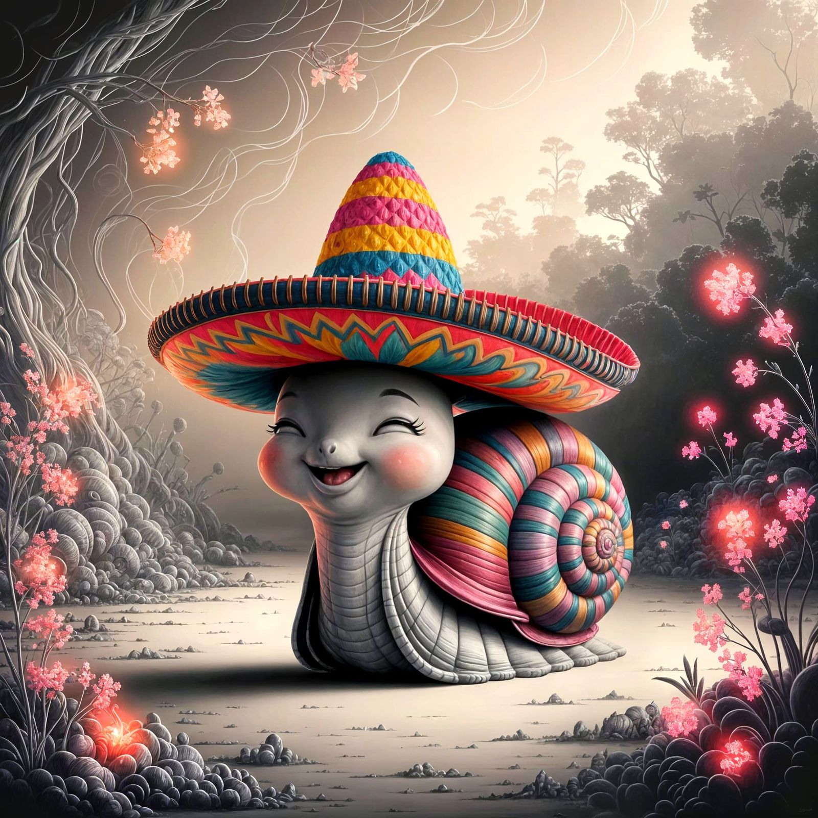 Chibi Snail with Sombrero in Dreamlike Landscape
