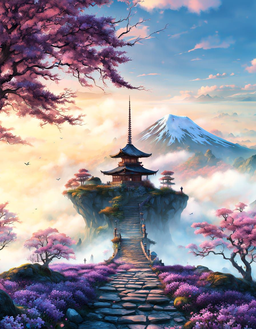Ethereal Japanese Temple Scene with Sakura Trees