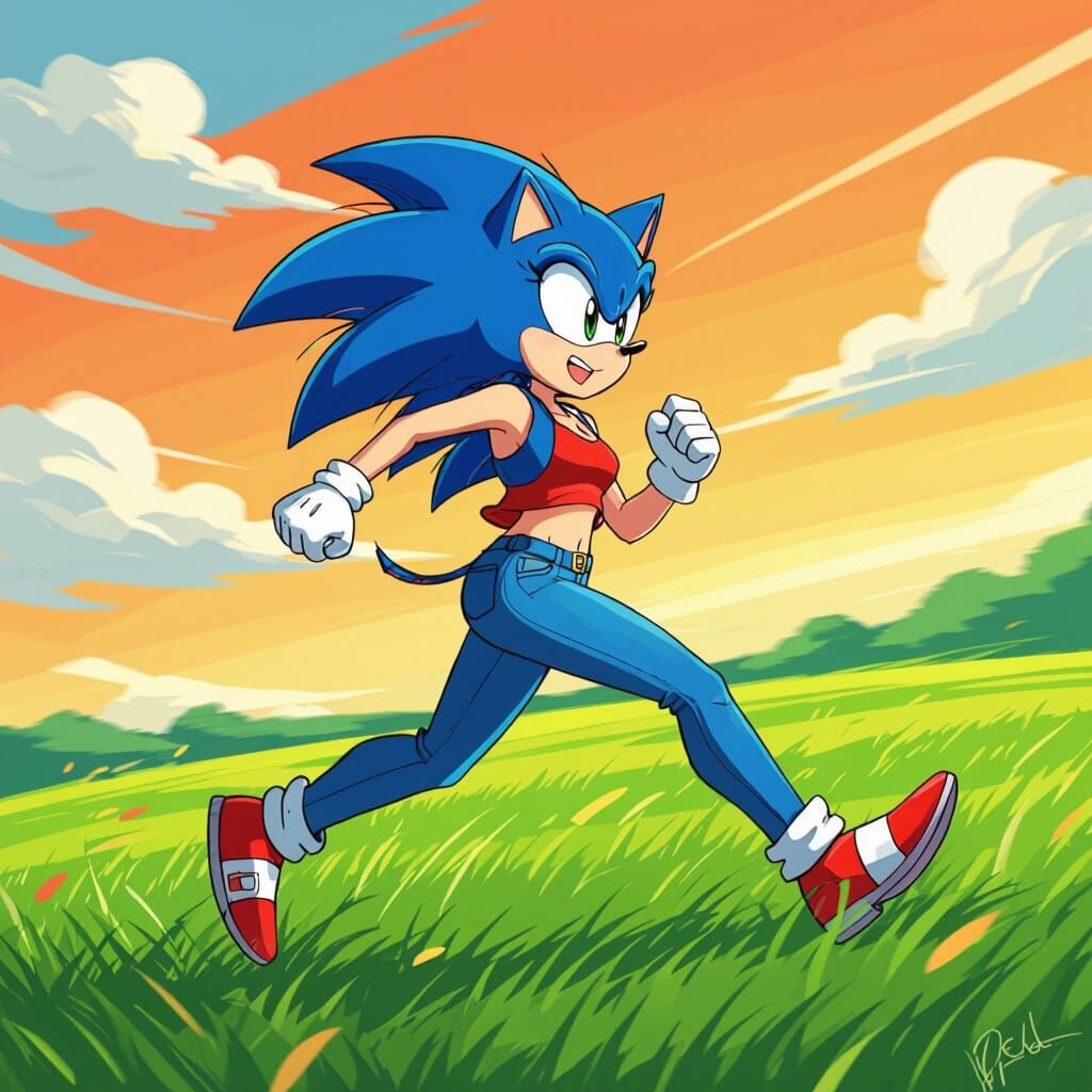 Sonic as a Woman Running in Meadow, Vibrant Style