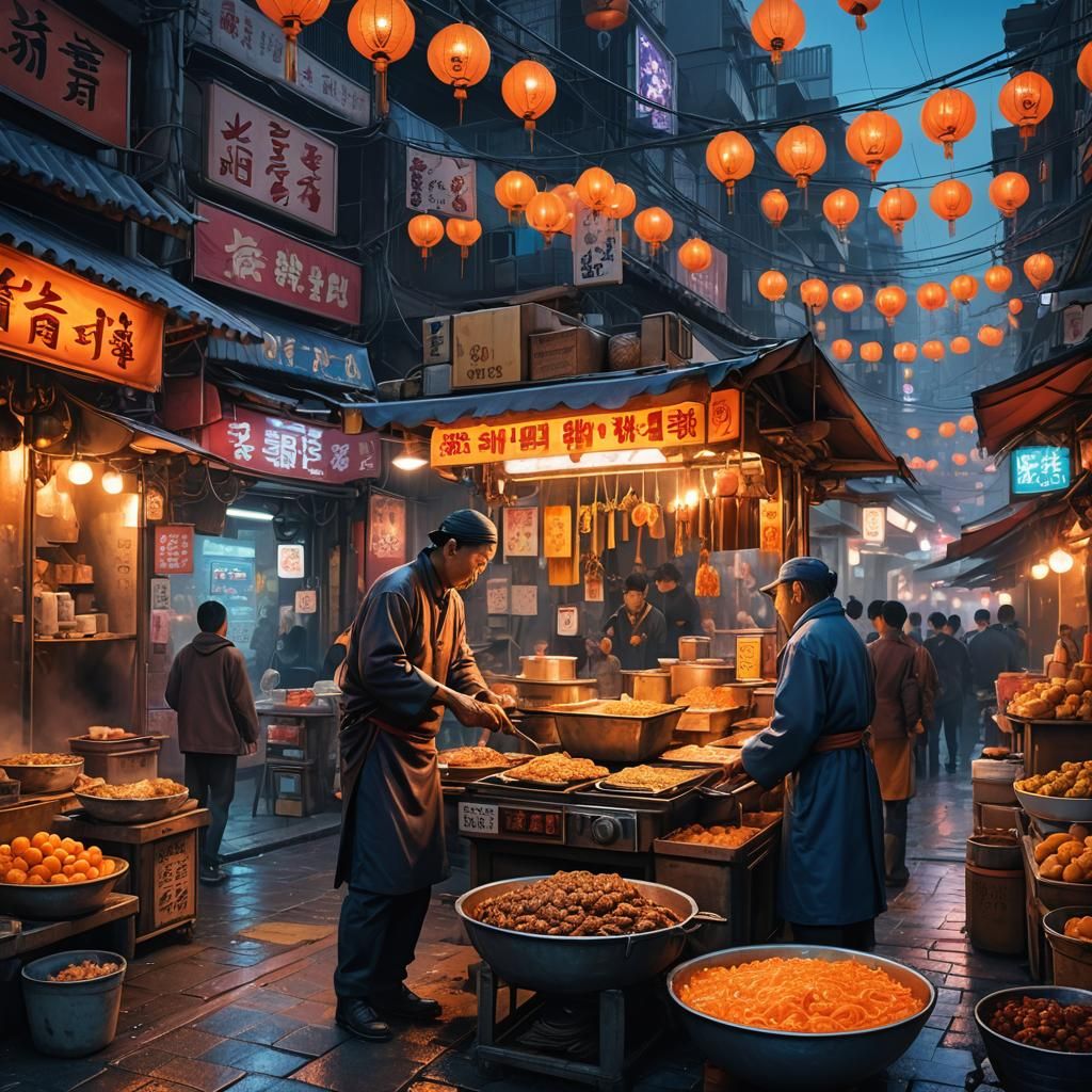 Korean Street Food Vendor in Fantasy Market Scene
