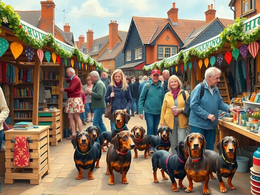 Lively Southwold Market Scene with Dachshunds, Whimsical Ill...