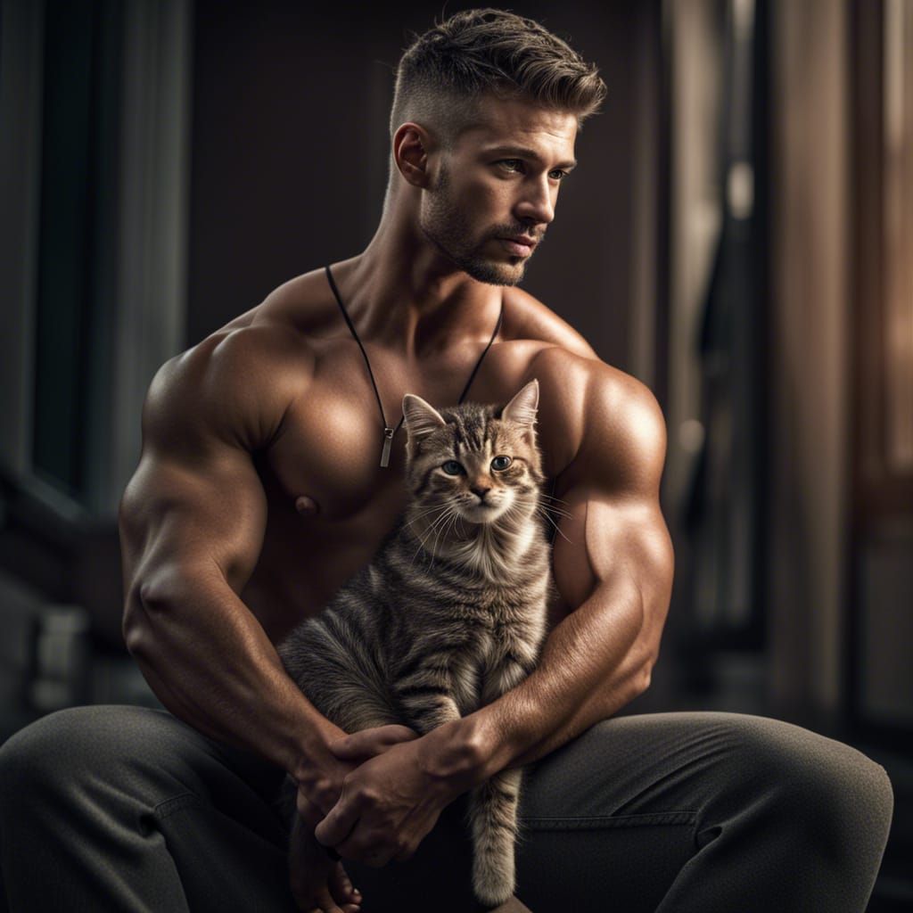 Muscular Man with Kitten: Hyperrealistic 64MP Photo