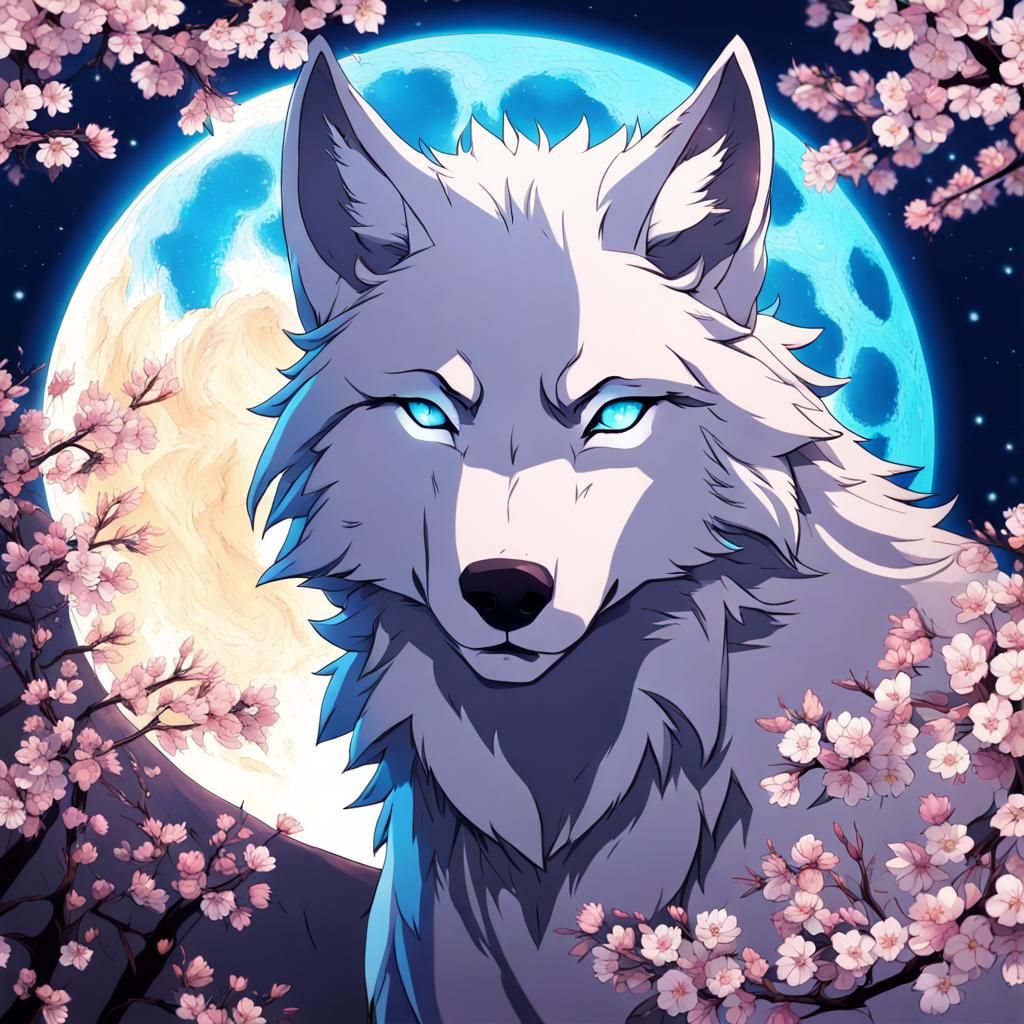 Wolf Under Cherry Tree in Anime Style