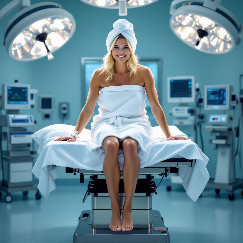 Woman Ascends Surgical Table in Photorealistic Style