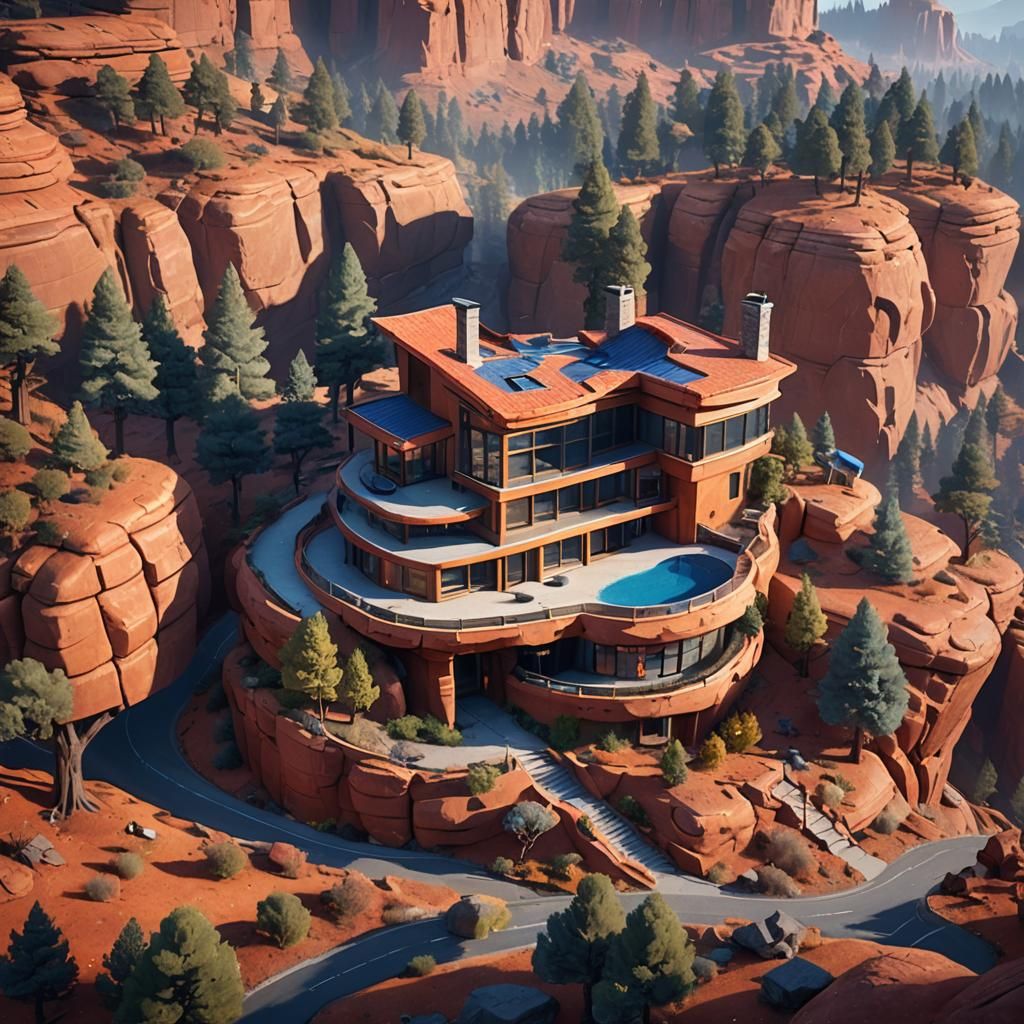 Modern House Amidst Red Rock Landscape in Unreal Engine