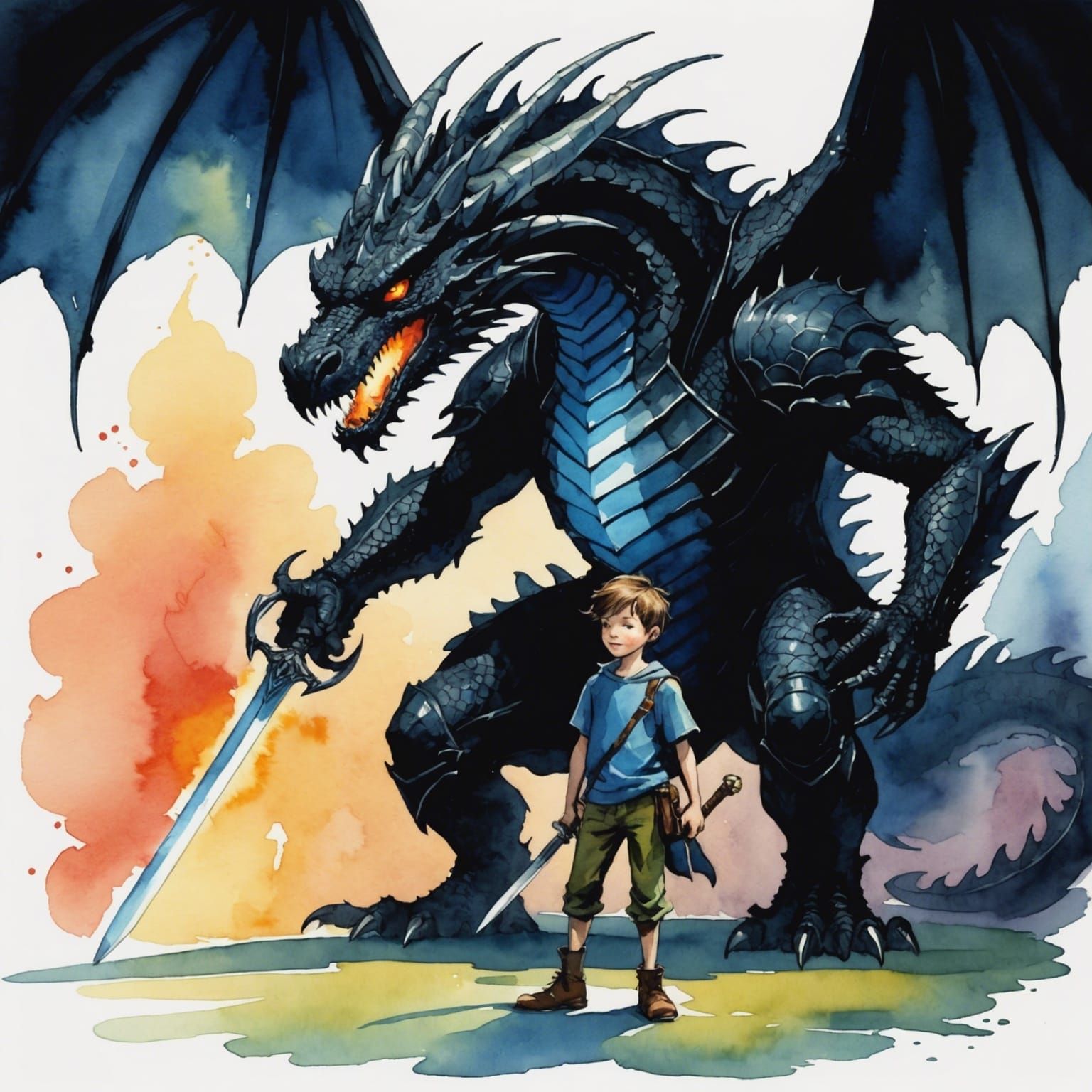 Boy and Dragon with Swords, Quentin Blake Style