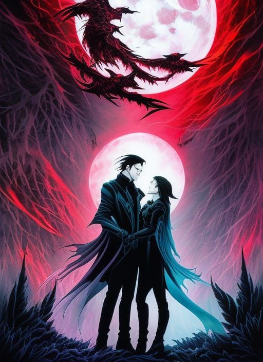 Vampire Couple Under Full Moon in Gouache Style