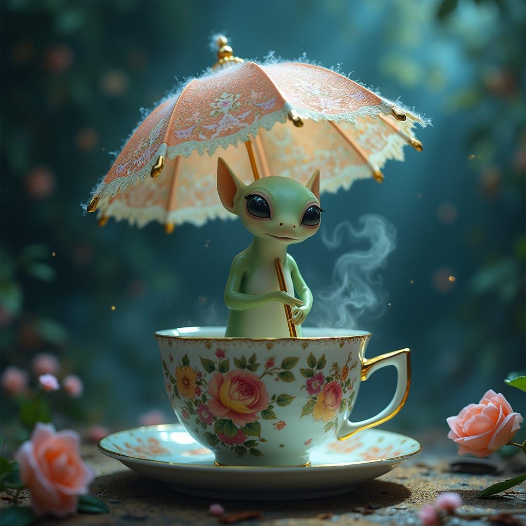 Surreal Ghibli Alien Stands in Tea Cup, Surrounded by Whimsi...