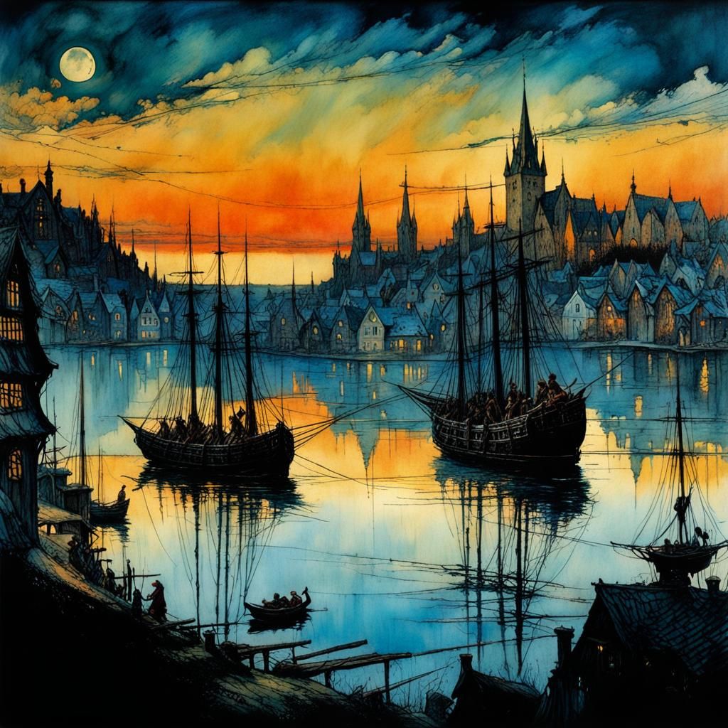 Mysterious Medieval Town with Deep Colors