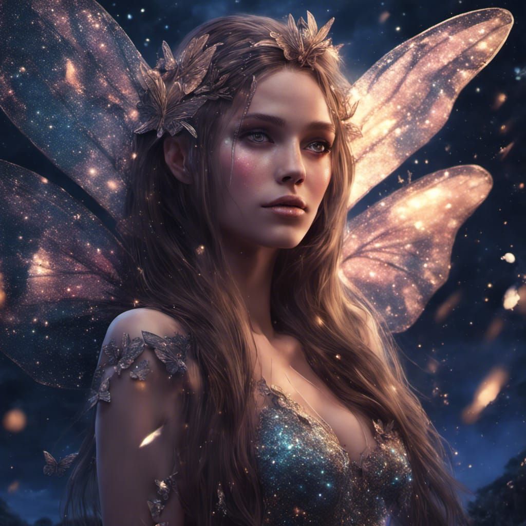 Glittering Fairy with Butterfly Wings in Dark Fantasy