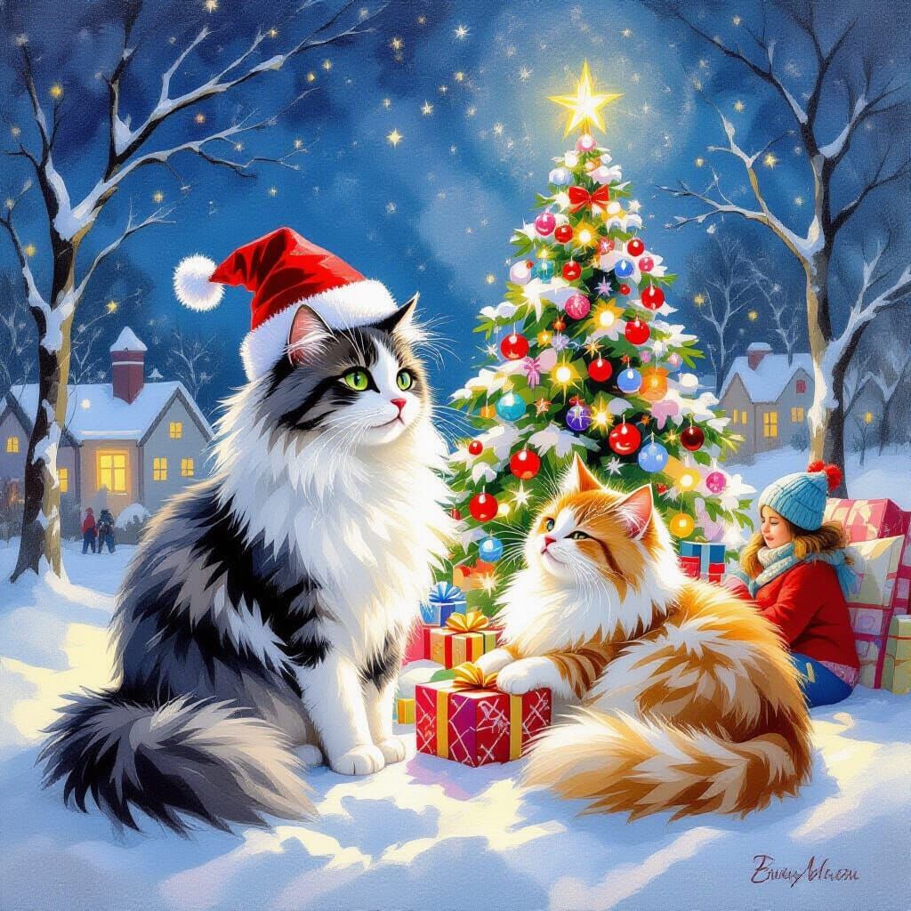 Fluffy Cats Celebrate New Year's Eve by Christmas Tree