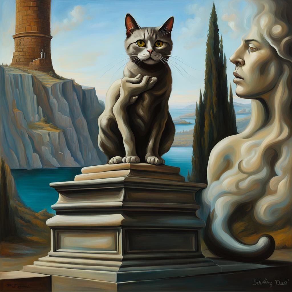 Cat on Statue in Salvador Dali Surrealism Style