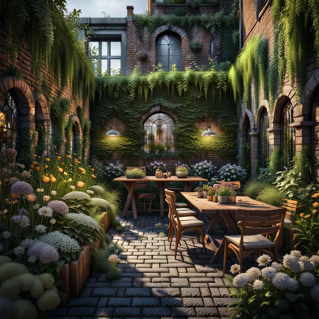 Hyperrealistic Urban Garden with Greenery and Flowers