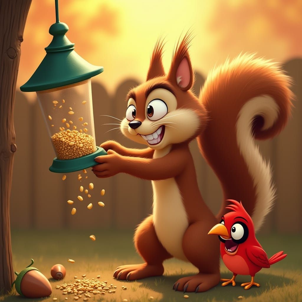 Cartoon Squirrel's Bird Feeder Heist: Animated Mayhem