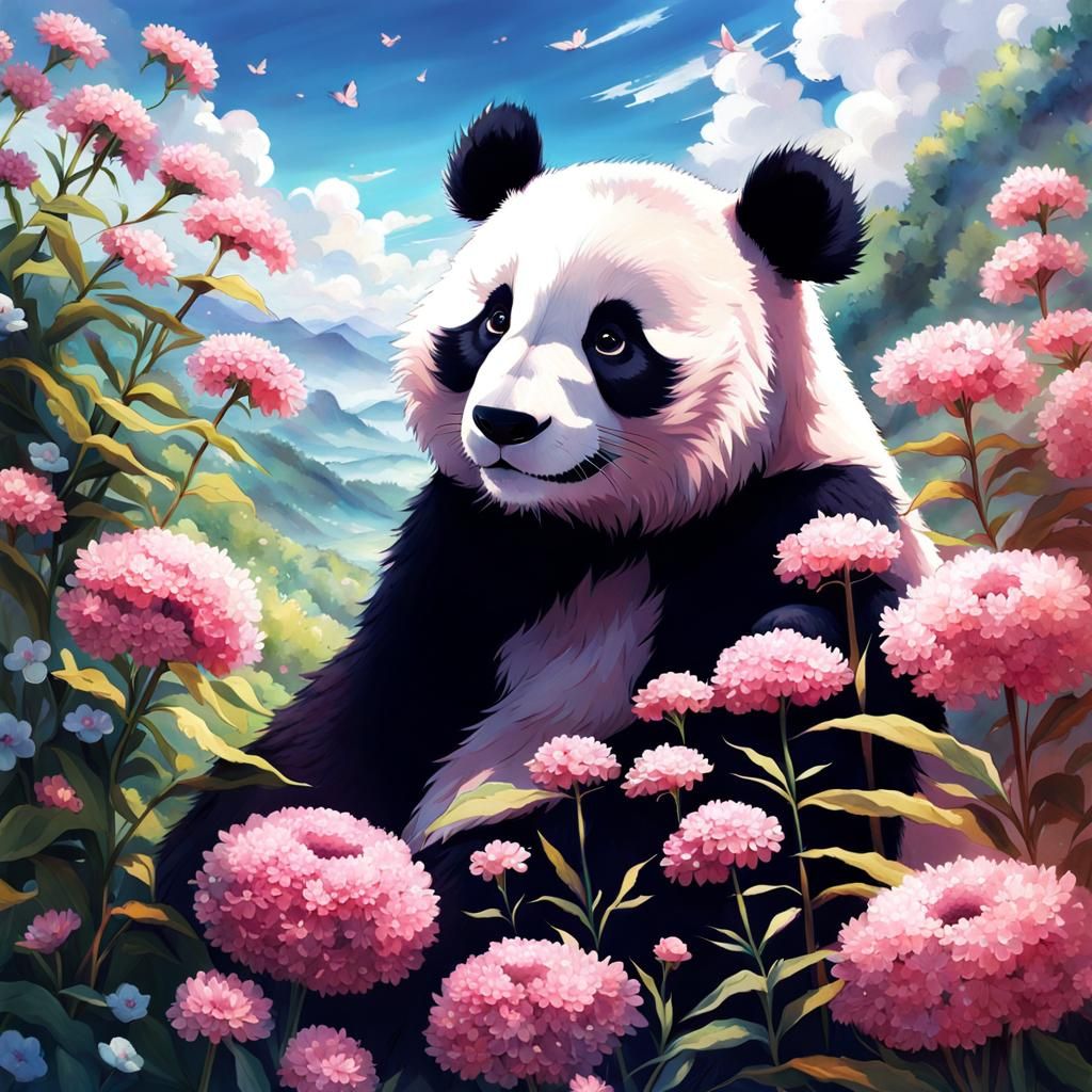 Panda Surrounded by Flowers in Anime Style