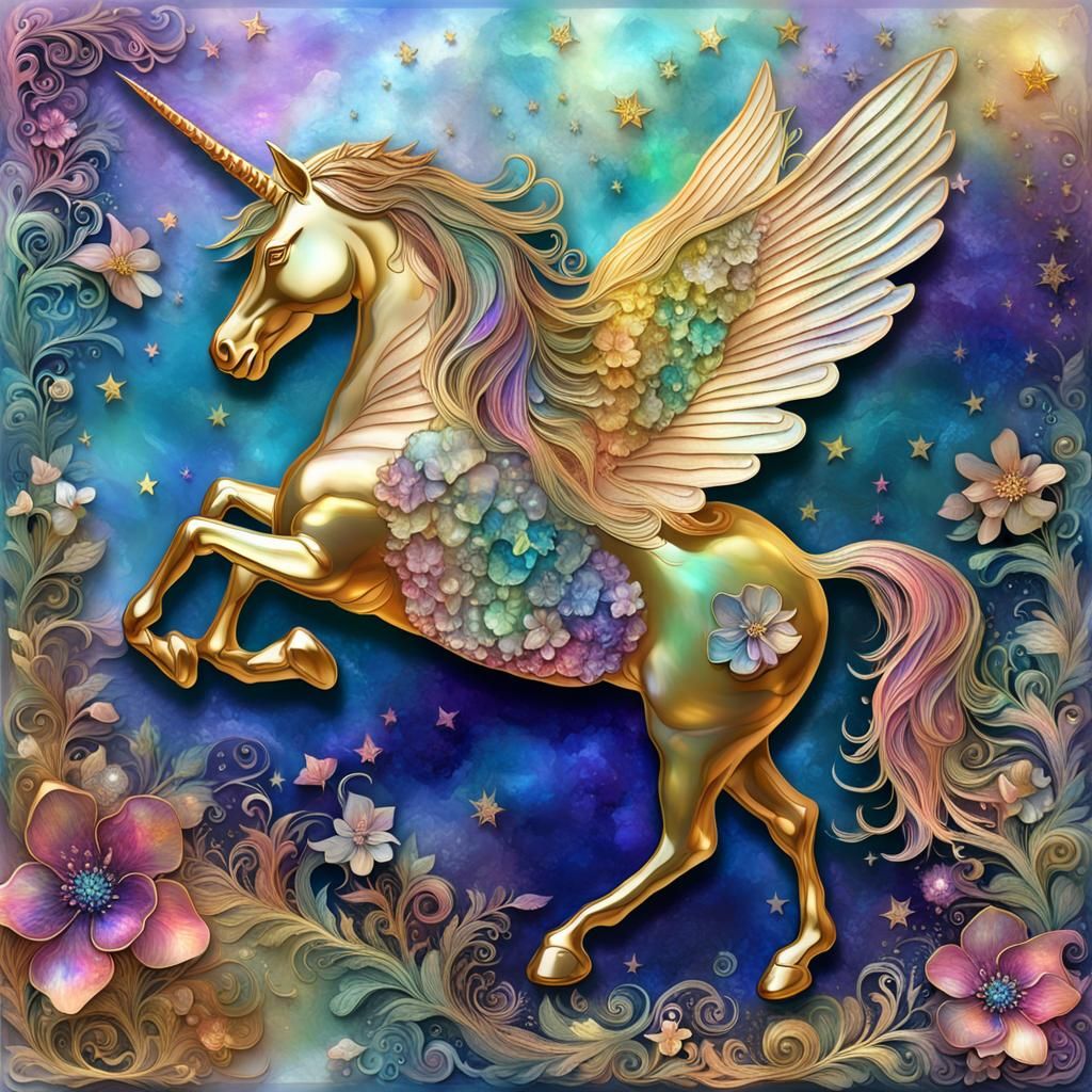 Iridescent Winged Unicorn Rearing in Abstract 3D