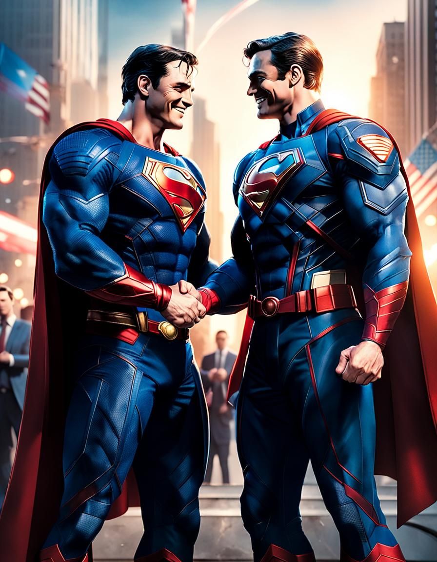 Multiverse Supermen Shaking hands