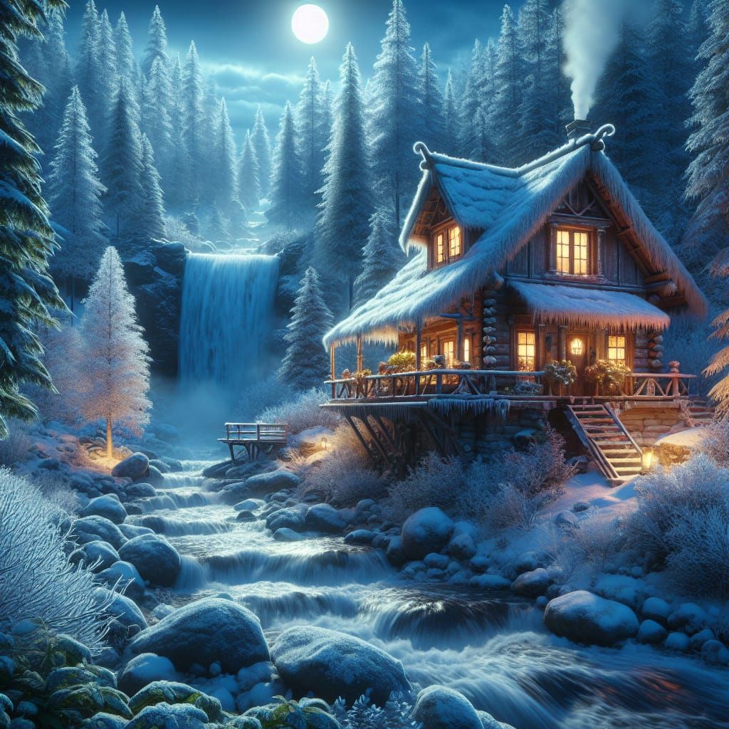 Cozy Winter Cottage by Frozen Waterfall