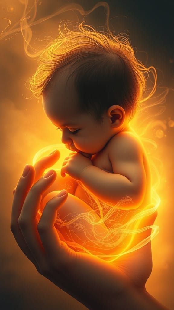 Serene Baby in Golden Light, Cradled by a Benevolent Creator