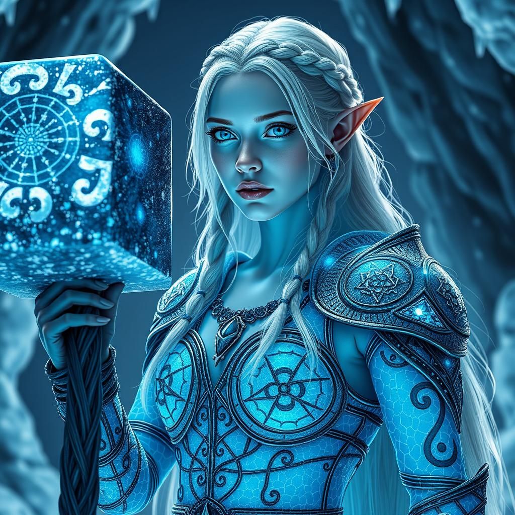 Hammer-Themed Elf Warrior in Ice Cavern