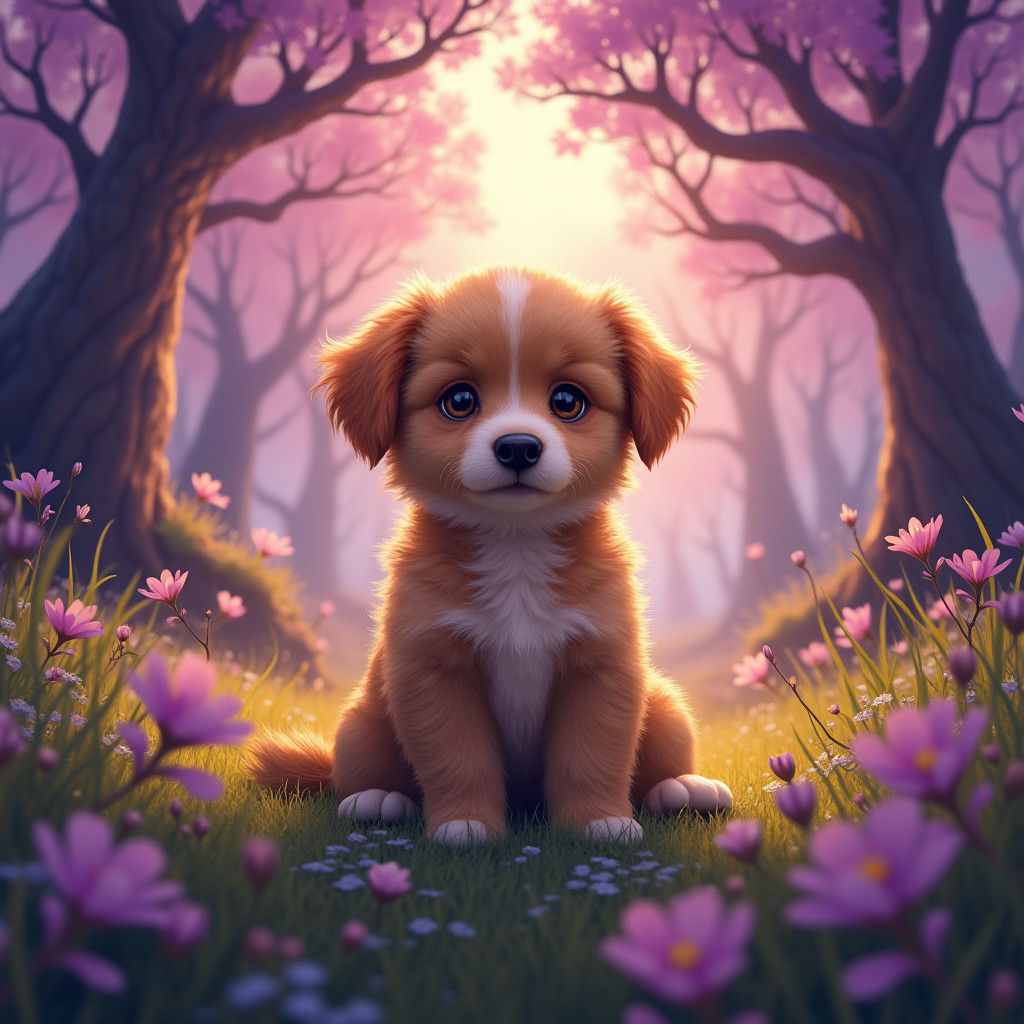 Fluffy Puppy in Magical Purple Meadow